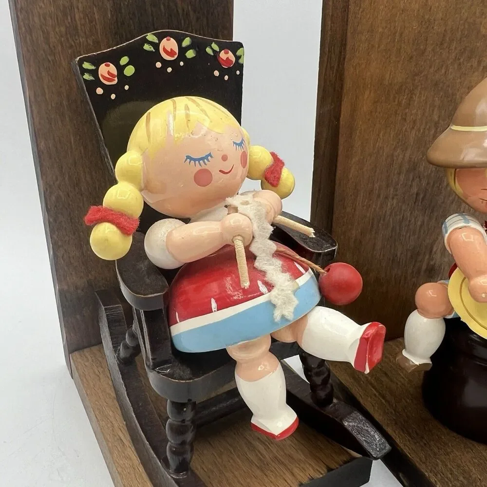 Vtg German Erzgebirge Style Boy Girl Bookends Nursery Rocking Chair Wood